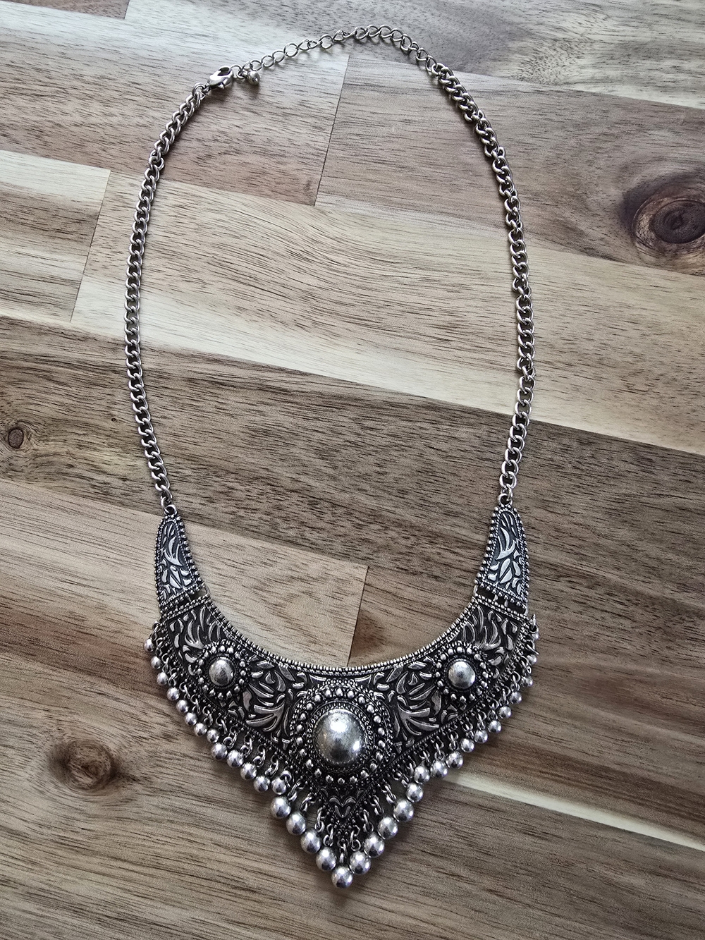 Statement Silver Boho Bib Necklace - Ornate Fringe